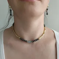 Komplet z hematytem „Grafit i Złoto” – Choker i kolczyki 1