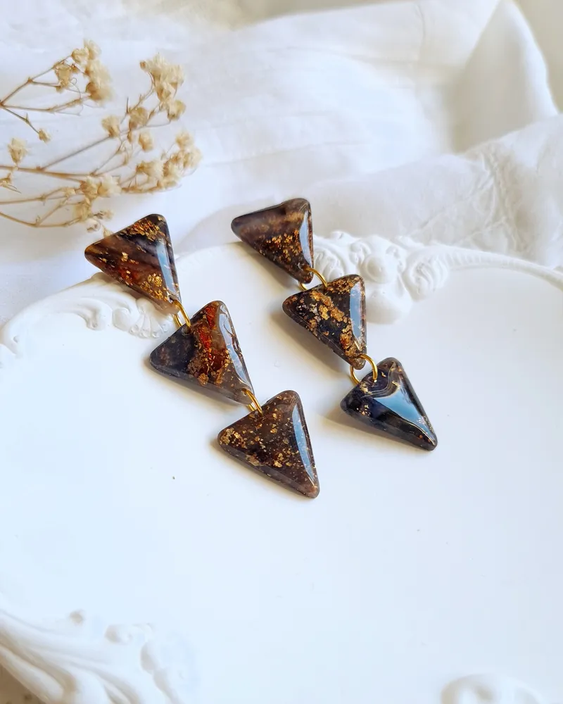 Brown and Purple Autumn Triangle Earrings - Stone Imitation — 2