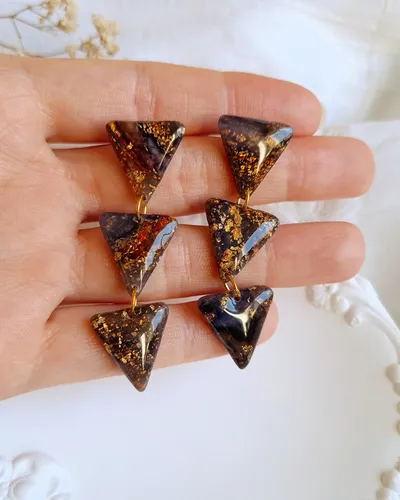 Brown and Purple Autumn Triangle Earrings - Stone Imitation — thumbnail 3