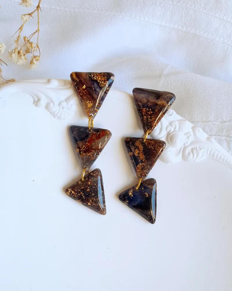 Brown and Purple Autumn Triangle Earrings - Stone Imitation — 1