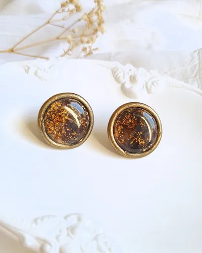 Round Brown and Purple Autumn Earrings - Stone Imitation — thumbnail 5