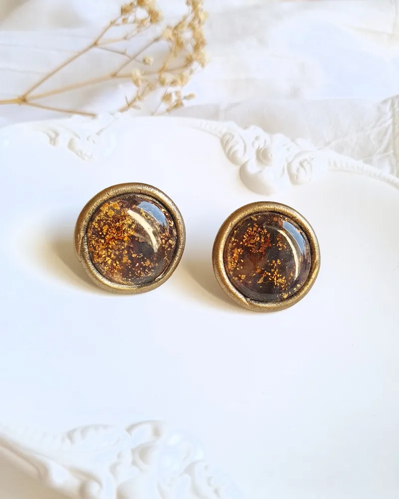 Round Brown and Purple Autumn Earrings - Stone Imitation — 5
