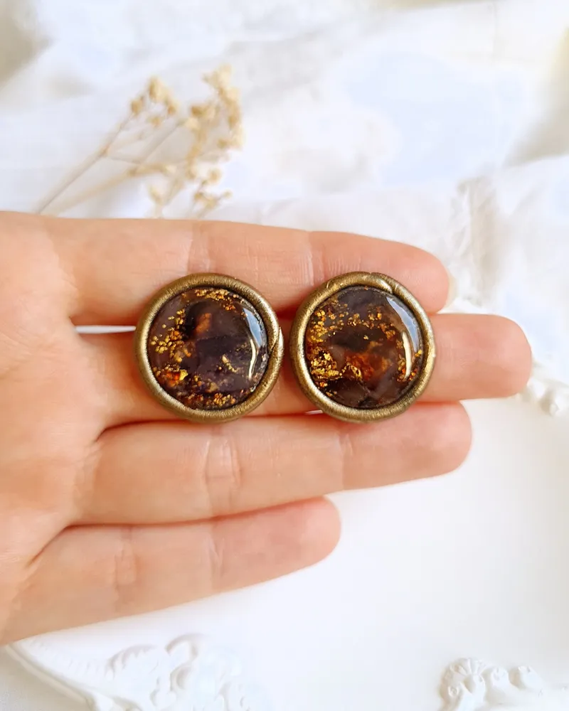 Round Brown and Purple Autumn Earrings - Stone Imitation — 2