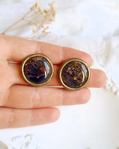 Round Brown and Purple Autumn Earrings - Stone Imitation — thumbnail 3
