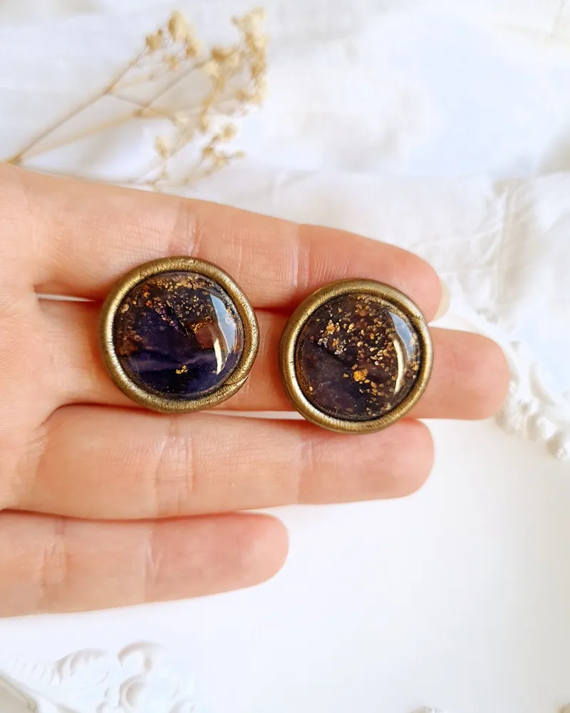 Round Brown and Purple Autumn Earrings - Stone Imitation — 3
