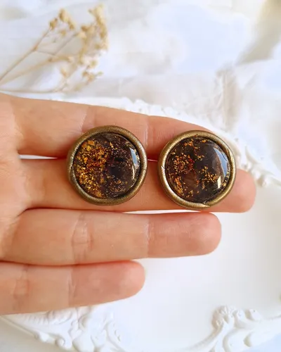 Round Brown and Purple Autumn Earrings - Stone Imitation — thumbnail 4
