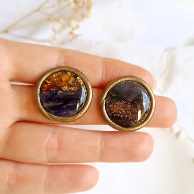 Round Brown and Purple Autumn Earrings - Stone Imitation