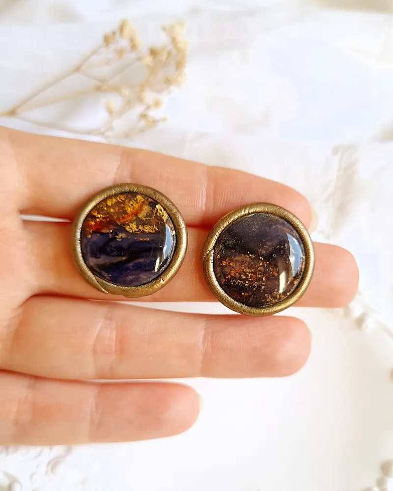 Round Brown and Purple Autumn Earrings - Stone Imitation — 1