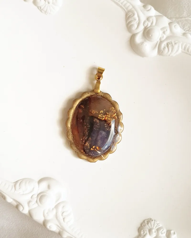 Oval Brown and Purple Autumn Pendant - Stone Imitation — 7