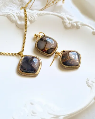 Autumn Set of Brown and Purple Earrings and Necklace - Stone Imitation — thumbnail 2