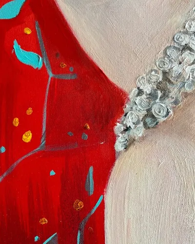 Obraz olejny „Kobieta z czerwoną rybą” (80x80 cm), autorski oryginał — thumbnail 2