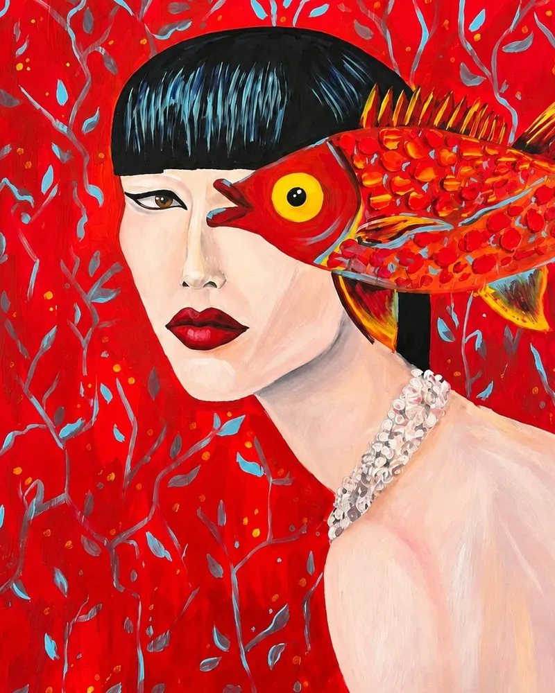 Obraz olejny „Kobieta z czerwoną rybą” (80x80 cm), autorski oryginał — 5